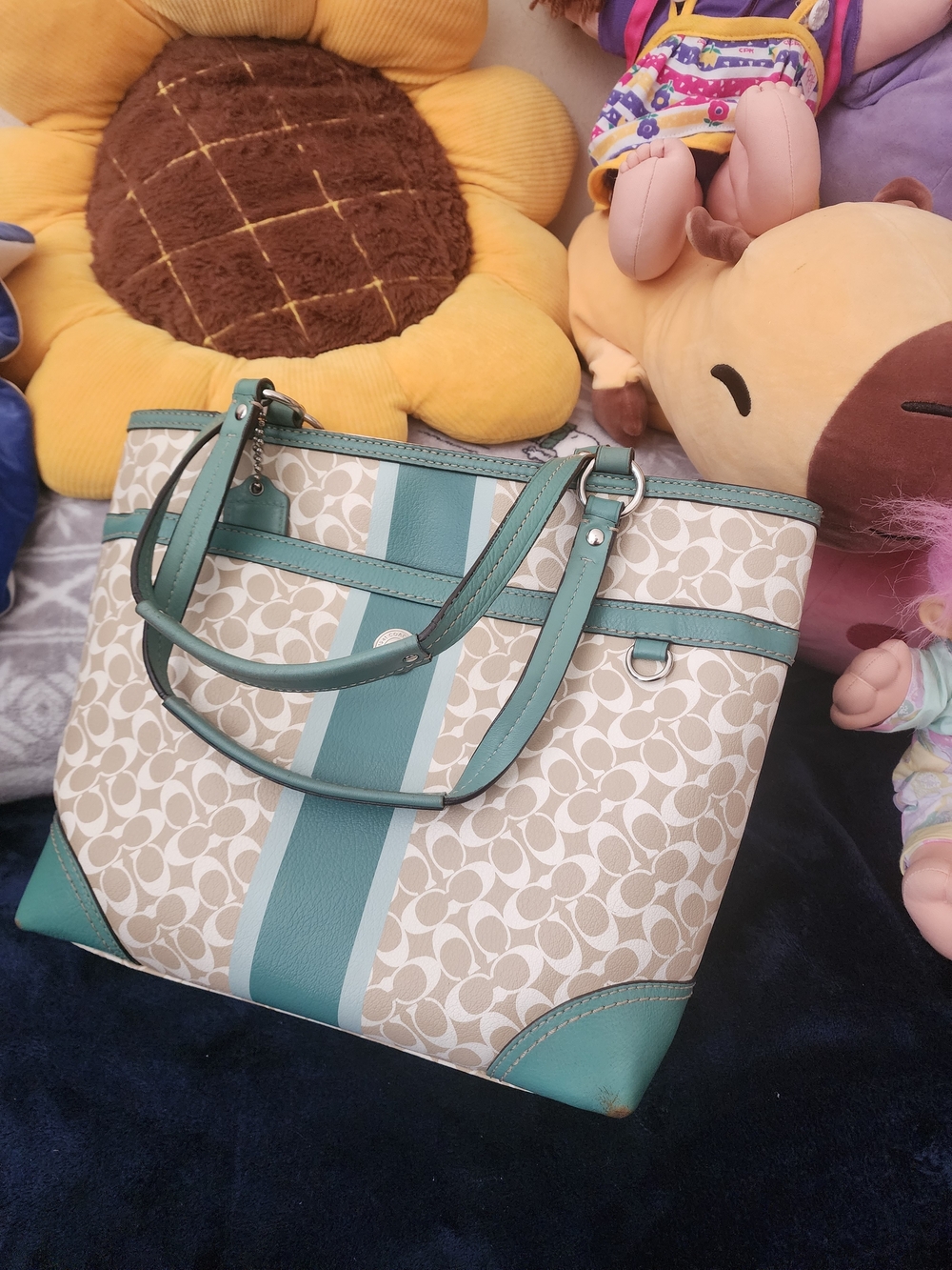 Coach Chelsea Heritage Stripe Signature Tote Bag Khaki Teal F15137 - Picture 6 of 8